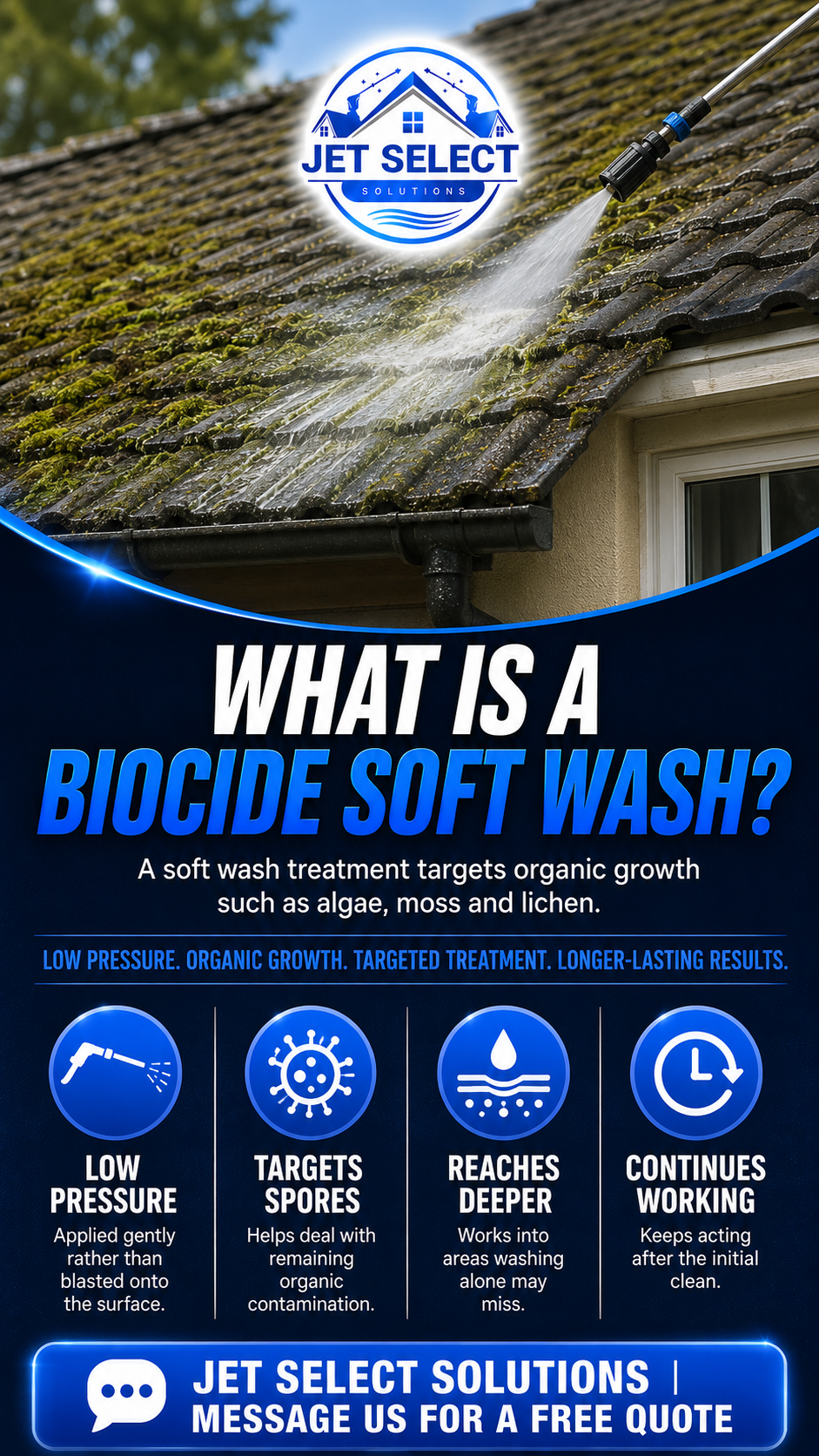 What is a biocide soft wash infographic — low pressure, targets spores, reaches deeper, continues working