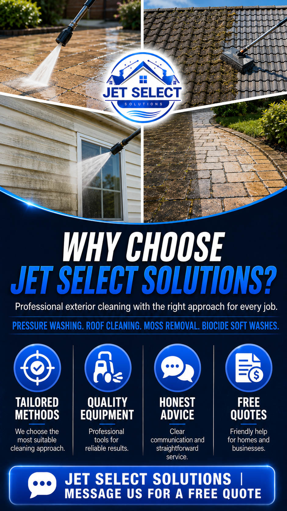 Why choose Jet Select Solutions infographic — tailored methods, quality equipment, honest advice, free quotes